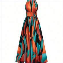Nuevo vestido maxi de diseño elegante y sexy de estilo francés con cuello en V, halter, cintura expuesta, espalda descubierta, corte evasé y abertura, sin mangas, con estampado floral rojo y verde, de alta calidad y sofisticado para mujeres - Rojo - Ver 5