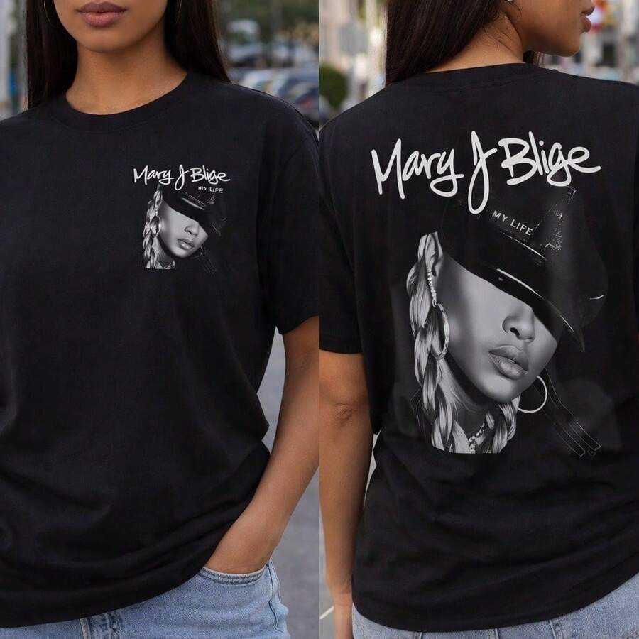 1pc Plus Size Women's Mary J. Blige "My Life" Graphic Print Cotton T-Shirt, Short Sleeve Crewneck Casual Tee, Vintage R&B Music Artist Merch, S-5XL Sizes Benito Bowl,Big Game, Football Fast Shipping! Men's Casual And Stylish Short-Sleeved Printed T-Shirt. - 黑色 - 查看 1