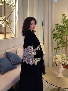 Hafizah Schwarzer Kontrast-Spitzenbesatz Patchwork Langarm Morgenmantel für Frauen, Stehkragen Taillen-betonend schlankmachendes elegantes langes Kleid, formelle Anlässe Herbst - Schwarz - Übersicht 3