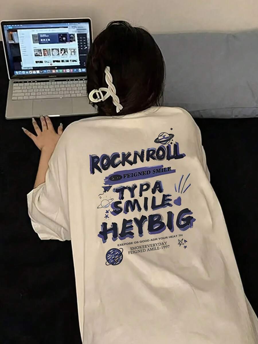 100% Cotton. Casual Short-Sleeved Printed T-Shirt. 1pac Short-Sleeved T-Shirt For Women, Summer Design, Slim-Fit Short-Sleeved T-Shirt, Cartoon Print, Pure Cotton Short-Sleeved T-Shirt, Top, Basic Tee. #3333. Spring Summer Top - 白色 - 查看 1