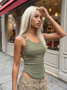 Women's Ribbed Tank Tops Stylish Sleeveless Camisole With Metal Buckle Straps And Curved Hemline - Army Green - View 3