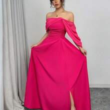 Vestido entero con cuello alto retorcido y cintura con drapeado sin tirantes para mujeres - Color caoba - Ver 4