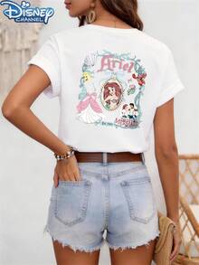 The Ariel Disney-Themed Double-Sided Shirt, Women's Casual Round Neck Short Sleeve T-Shirt, Suitable For Spring/Autumn/Summer Wear, Loose Fit For Various Body Types, An Ideal Choice For Occasions Such As Holiday Attire, Vacation Wear, Festive Clothing, And Office Wear. - White - View 3