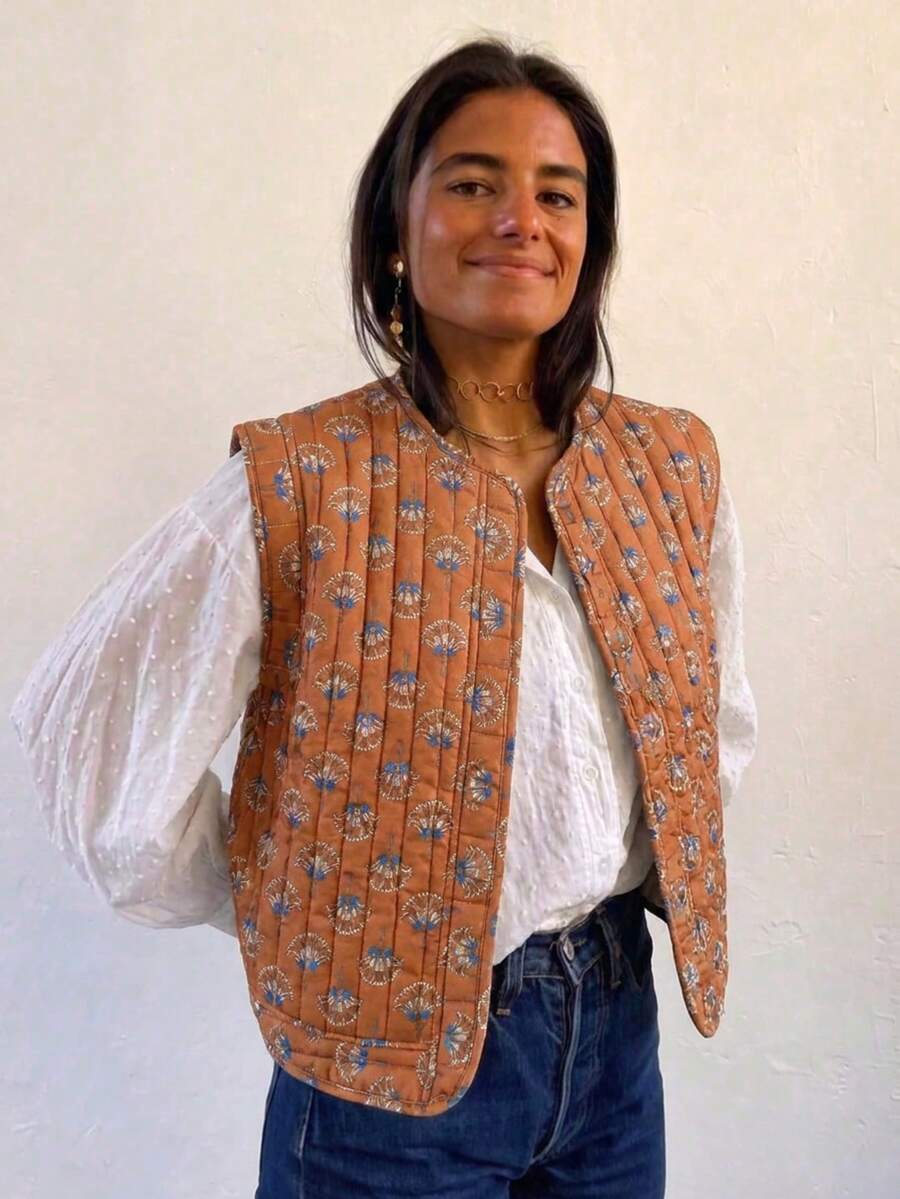 GMFP Damen Sommer/Herbst Lässig Elegant Mode Lockerer Muster Patchwork Braun Strickjacke Weste Juni Feiertagssaison - Braun - Übersicht 1