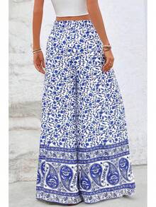 [Free Shipping]Women Wide Leg Pants Casual High Waist Floral Palazzo Pants For Women Flowy Lounge Boho Beach Trousers Pockets Women's Wide Leg - 寶藍色 - 查看 3