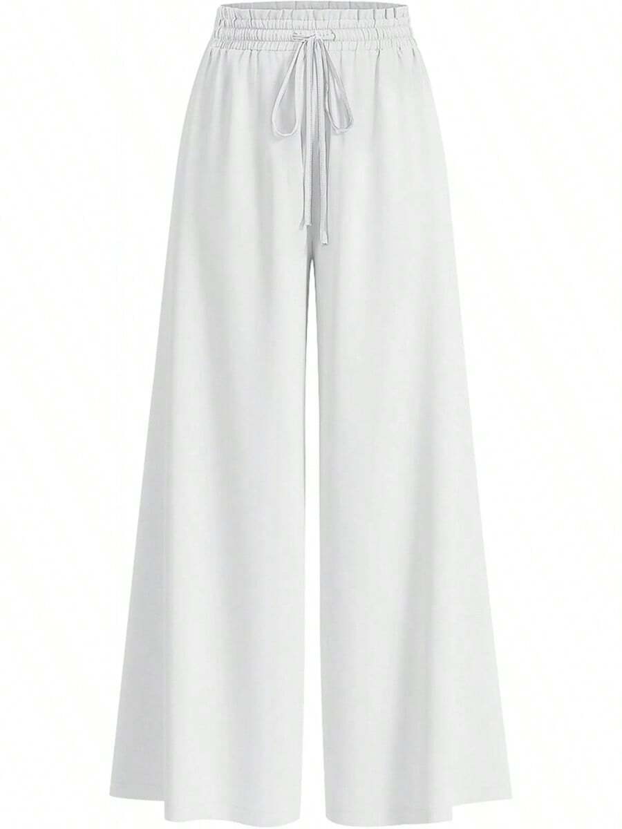 [Free Shipping]Women Wide Leg Pants Casual High Waist Floral Palazzo Pants For Women Flowy Lounge Boho Beach Trousers Pockets Women's Wide Leg - 白色 - 查看 1