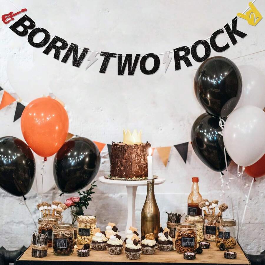 Black Born Two Rock 橫幅-2歲生日搖滾派對裝飾,音樂搖滾嘻哈派對裝飾 - 生日 - 查看 1