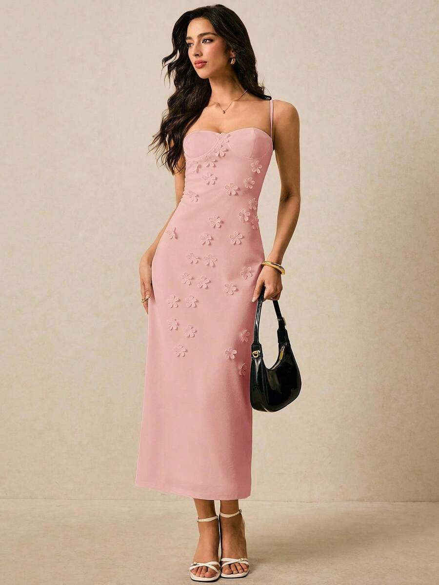 MSPoéselle Vestido largo de mujer de un solo color con tirantes finos, elegante y romántico para verano, vestidos de mujer blancos para cumpleaños, tr - Rosa - Ver 1