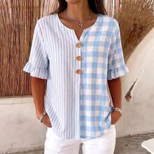 2026 Summer New Casual Printed Plaid And Striped Patchwork Cotton-Linen Short-Sleeve Women's Blouse - Light Blue - View 1