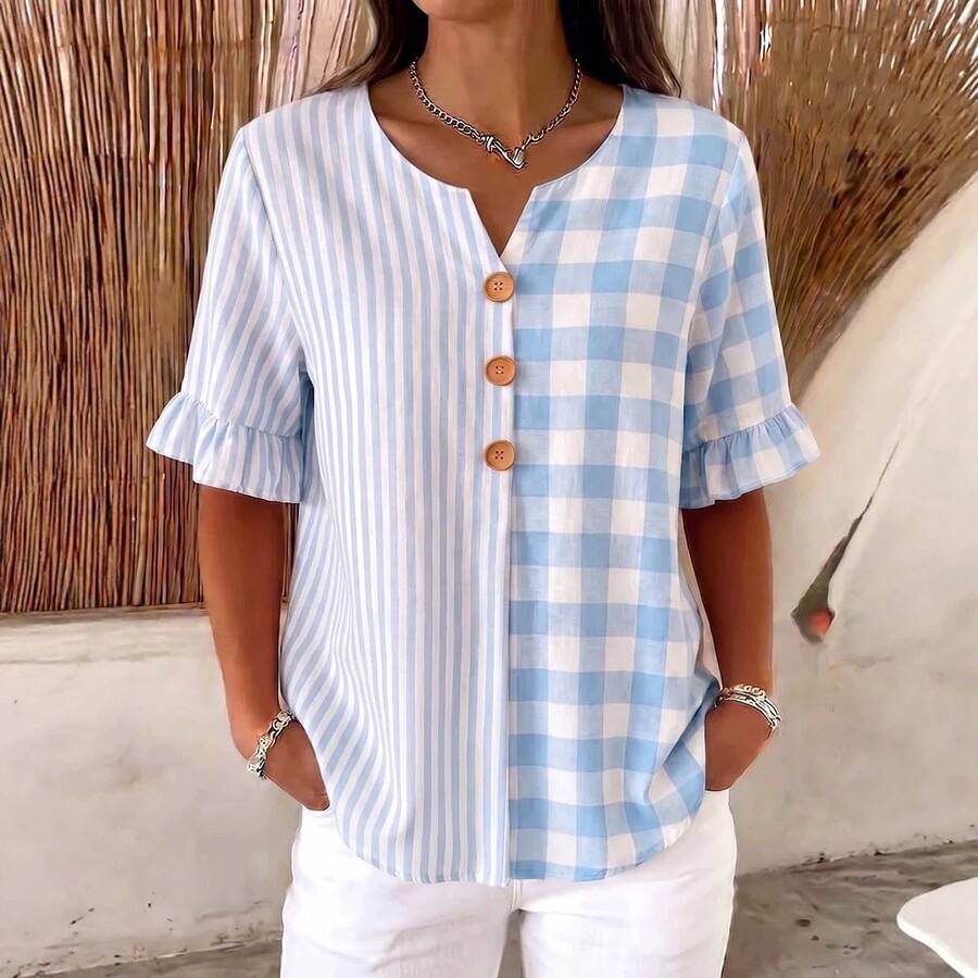 2026 Summer New Casual Printed Plaid And Striped Patchwork Cotton-Linen Short-Sleeve Women's Blouse - Light Blue - View 1