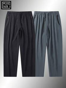 1pc Men's Plus Size Summer Casual Pants, Elastic Drawstring Waist, Straight Leg With Zipper Pockets, Suitable For Daily And Outdoor Wear - Black - View 8