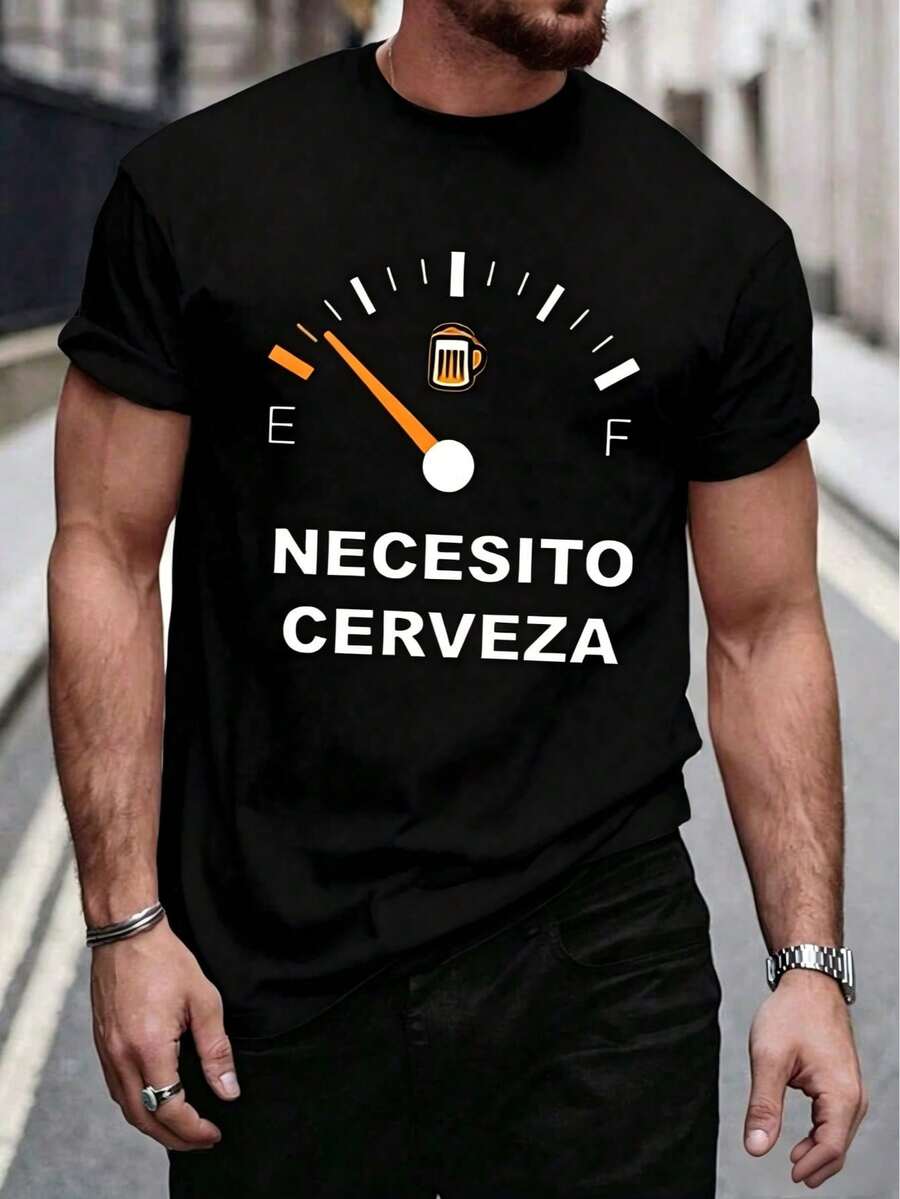 Camiseta de manga corta con cuello redondo y estampado de panel de instrumentos para hombre, Manfinity Homme, para verano. - Negro - Ver 1