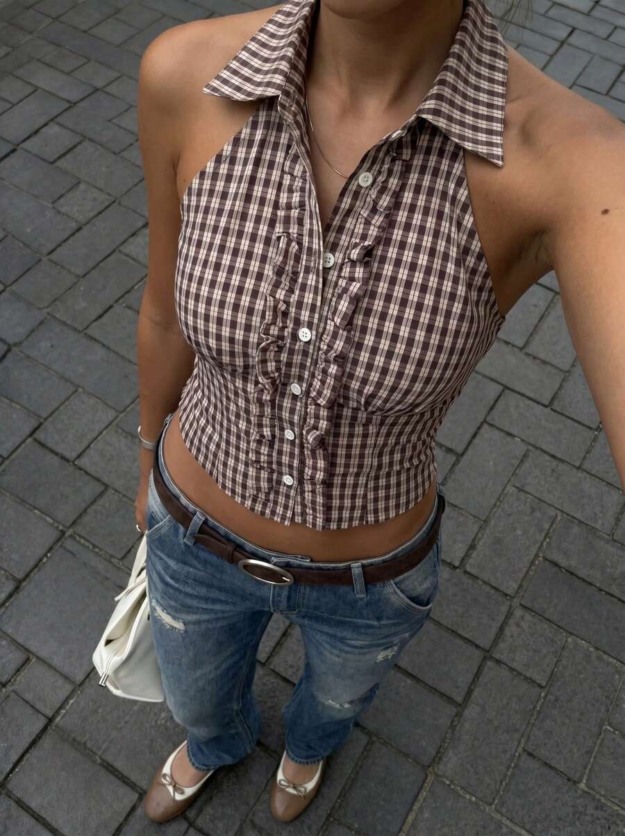 Women's Summer New Plaid Retro Halter Backless Ruffle Button Blouse, Pleated Back Design, Versatile - Brown - View 1