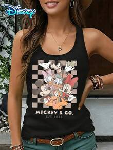 Disney Official Authorization | Women's Casual Round Neck Sleeveless Vest. Featuring Mickey Mouse And His Friends As The Theme, Paired With A Retro Checkerboard Background, It Is Playful And Full Of Retro Atmosphere. It Is An Age Reducing Item For Daily Wear And An Ideal Choice For Creating An American Retro Style. - màu đen - Xem 1