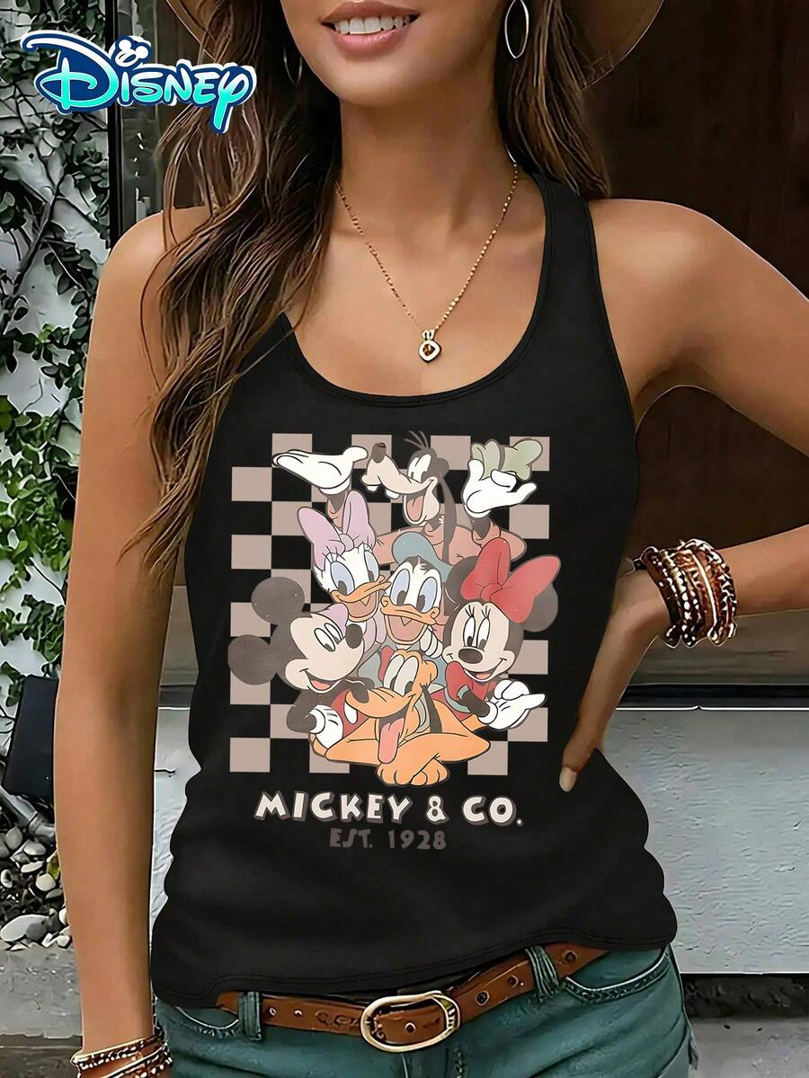 Disney Official Authorization | Women's Casual Round Neck Sleeveless Vest. Featuring Mickey Mouse And His Friends As The Theme, Paired With A Retro Checkerboard Background, It Is Playful And Full Of Retro Atmosphere. It Is An Age Reducing Item For Daily Wear And An Ideal Choice For Creating An American Retro Style. - màu đen - Xem 1