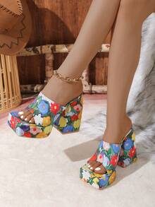Bohemian Style High Heel Platform Sandals - Blue - View 2