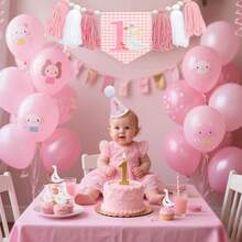 1套 1歲生日粉色格紋風帽子與橫幅套裝，鵝主題1歲生日裝飾，男孩女孩通用首週年生日裝飾，適合嬰兒1歲生日佈置、男孩生日裝飾、粉色主題生日裝飾、生日拍照道具 - 粉色 - 查看 5