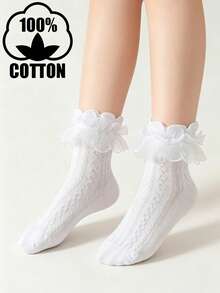 1 par de calcetines de algodón de color liso con encaje para niñas, adecuados para baile - Blanco - Ver 6