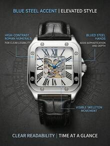 1pc Men's Square Roman Numeral Hollow Mechanical Watch, Retro Leather Strap, Fashion Wristwatch - Mouldless - View 3