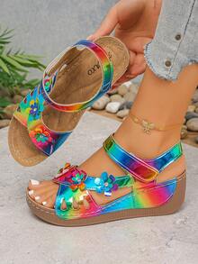 NIPAXO Sandalias de cuña con plataforma slip-on para mujer talla grande, cómodas y sin fatiga, brillantes, elegantes, de moda, dulces, ligeras, nuevo estilo, para fiesta, uso diario, boda, playa, viaje, ocio y entretenimiento, decoración floral de moda, cierre ajustable de gancho y bucle - Multicolor - Ver 3