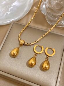 Conjunto de pendientes y collar de acero inoxidable chapado en oro de 18K con gota de agua lisa, collar de mujer, pendientes de mujer, joyería de acero inoxidable, joyería chapada en oro, adecuada para uso diario, citas, vacaciones, fiesta de graduación, Día de la Madre, joyería de playa, joyería de verano, joyería de estilo bohemio - Multicolor - Ver 4