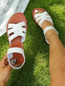 Women's New Personalized Woven Multi-Strap Hollow Cross-Strap Backless Flat Sandals For Daily Wear, Street, Vacation And Commute - White - View 3