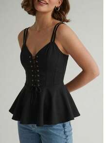 PEPLUM BLOUSE CORSET STYLE WITH ADJUSTABLE STRAPS - 黑色 - 查看 1