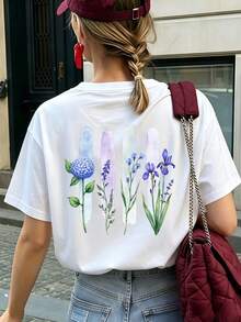 Vintage Damen Blumenprint T-Shirt, 100% Baumwolle Kurzarm, Ideal Für Alltag & Urlaub Top - White - View 1