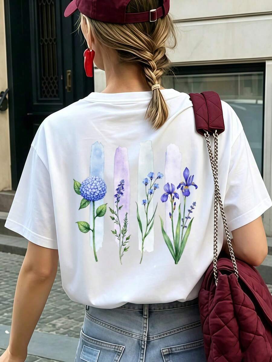 Vintage Damen Blumenprint T-Shirt, 100% Baumwolle Kurzarm, Ideal Für Alltag & Urlaub Top - White - View 1