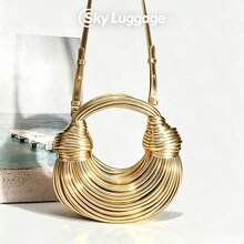 Popular Personalized Woven Handmade Bends And Hitches Packs Ramen Dumplings Clouds Women Hand-Carrying Crossbody Bag,Chic Circular Woven Handle Bag - Metallic Gold Finish, Stylish Party Accessory Hand-Woven Bread Women's Clutch Top Handle Satchel Shoulder Crossbody Creative Noodles Purses Underarm Bag Handbag - 金色 - 查看 7