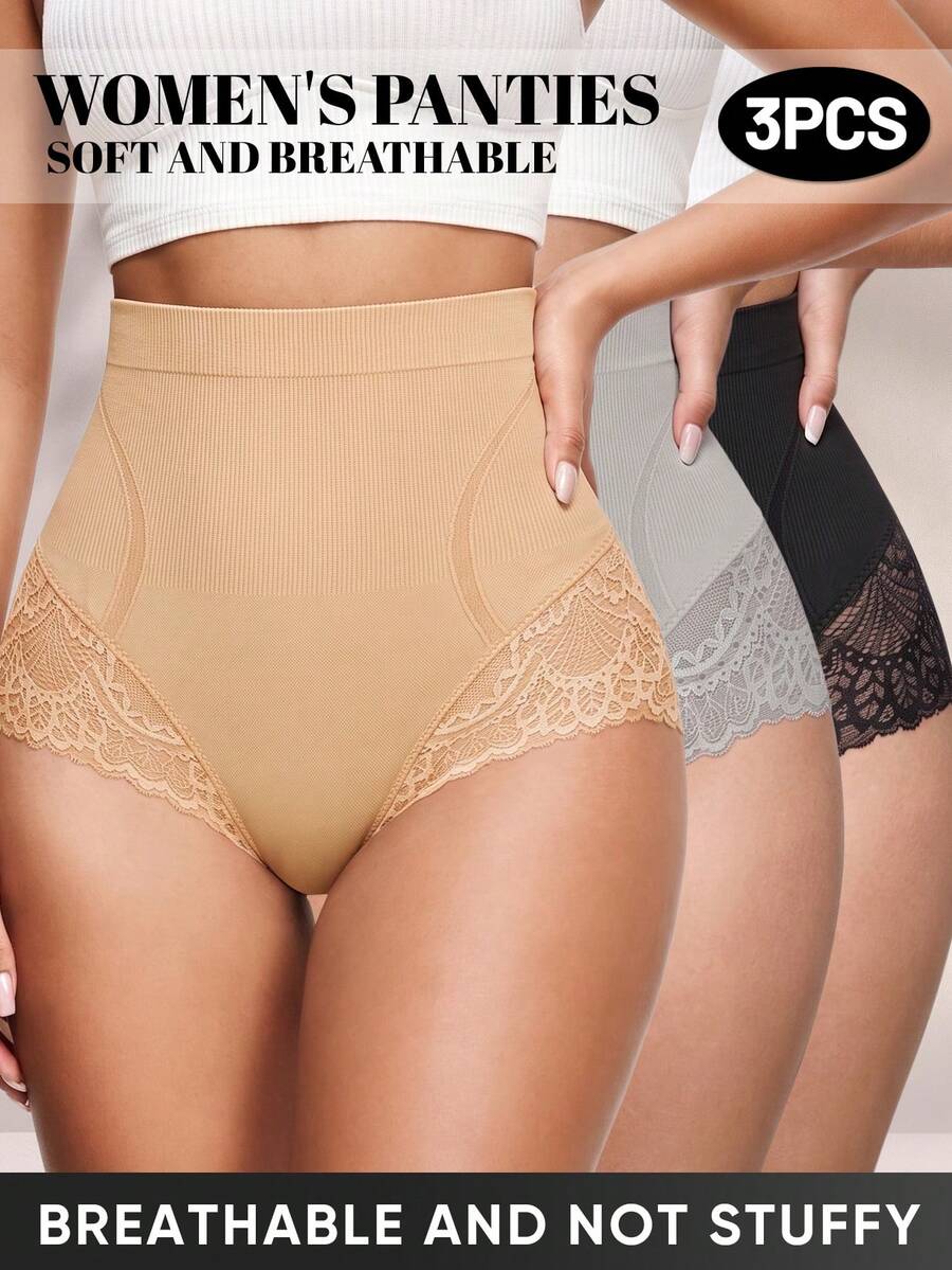 MEIYATING 3pcs High Waist Tummy Control Butt Lifting Seamless Lace Pattern Triangle Panties For Women