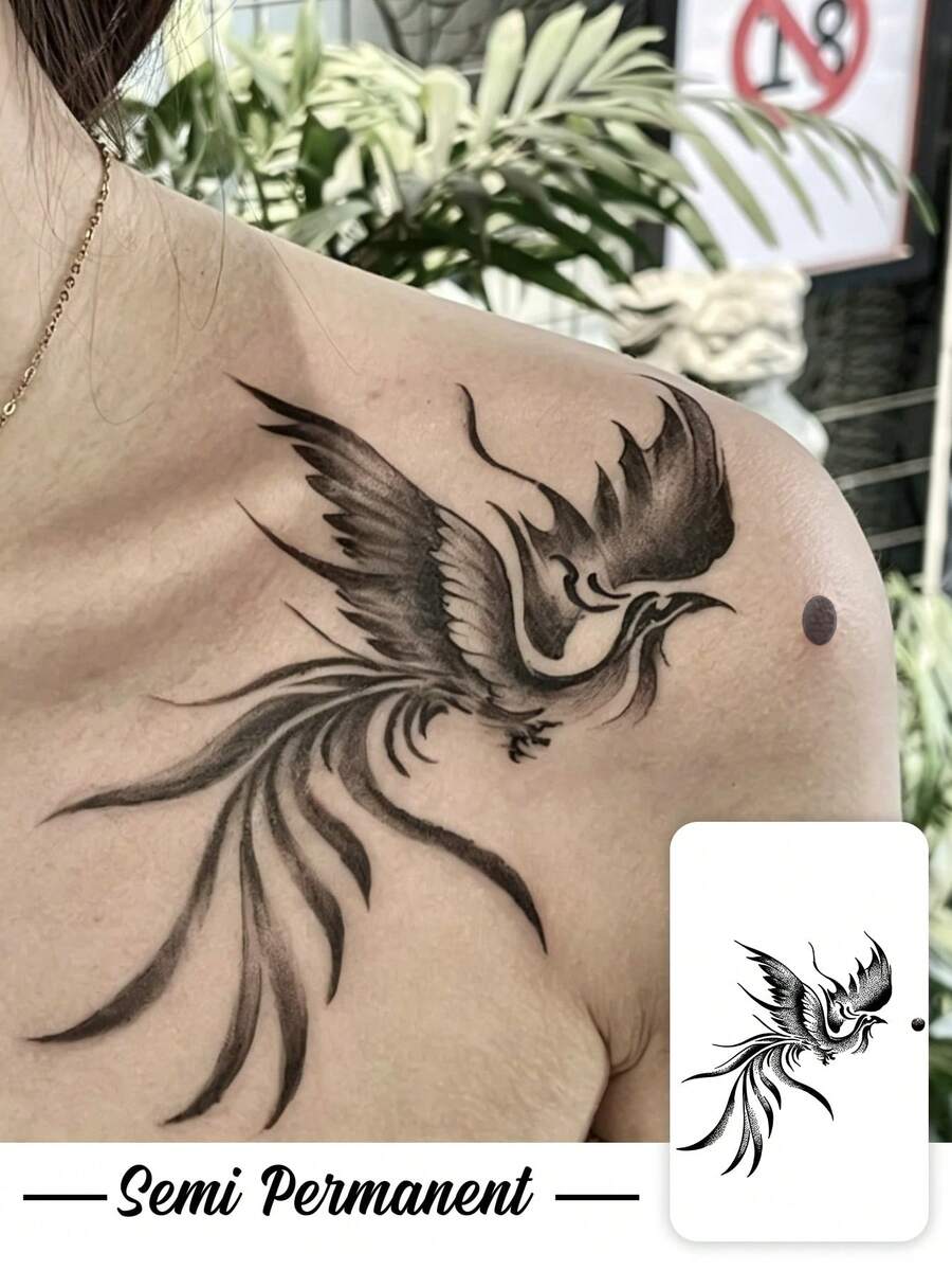 1pc Traditional Chinese-Style Dot-Patterned Phoenix Totem Tattoo Sticker, Temporary Tattoo Sticker, Realistic Tattoo Design, Suitable For Travel, Music Festivals, Games, Graduation Gifts, Lasting For 7-14 Days - Black - View 1
