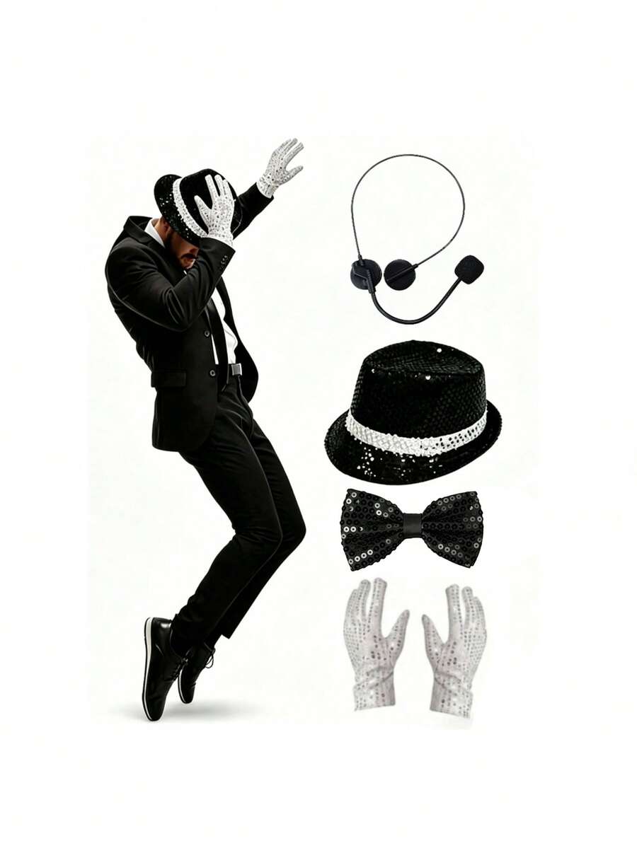 2/3/4/5/7 Piece Classic Stage Costume Set: Bowler Hat + Fashion Glasses + Gloves + Fake Microphone + Tie, 5-Piece Set, Halloween Party Performance Props, Imitation Show Props, Sequin Hat, White Gloves, Fashion Glasses, Suitable For Retro Style, 80s Disco, Music Themed Company Party, School Gala, Also Can Be Used As Unified Props For Team Performances - Multicolor - View 1