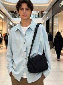 純色尼龍面料輕量時尚男士斜背包 運動風簡約旅行肩背包 百搭款 - 黑色 - 查看 2