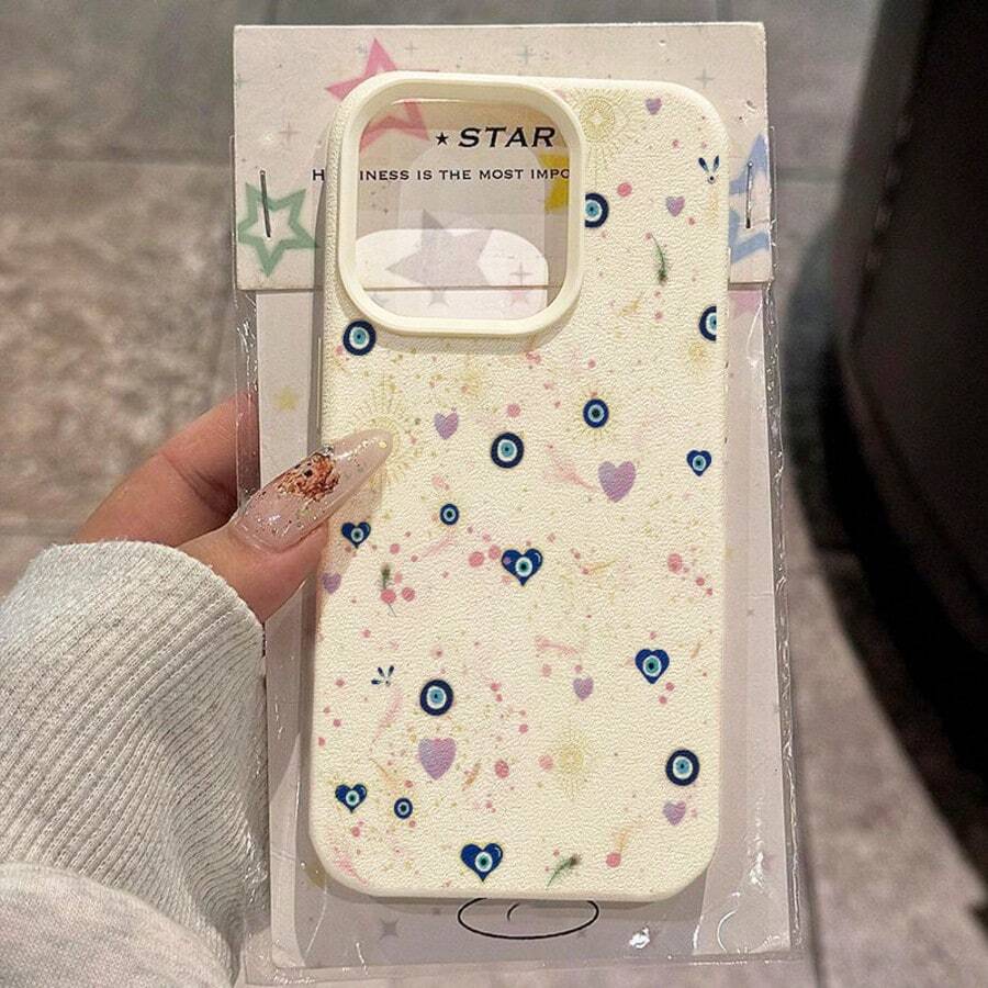 1pc TPU Material Rose Gold Evil Eye & Feather Pattern Phone Case, Compatible With IPhone 17 Pro Max/17/16 Pro Max/15/13/12/11, S20 FE/A15/S24/A55, Note 11/12/13 Pro, Full Coverage Anti-Drop Soft Protective Cover - White - View 1