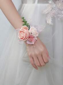 1件/6件裝人造粉色絲綢玫瑰花婚禮手腕花飾伴娘配套花束女性手花婚禮花卉派對裝飾 - 粉色 - 查看 7