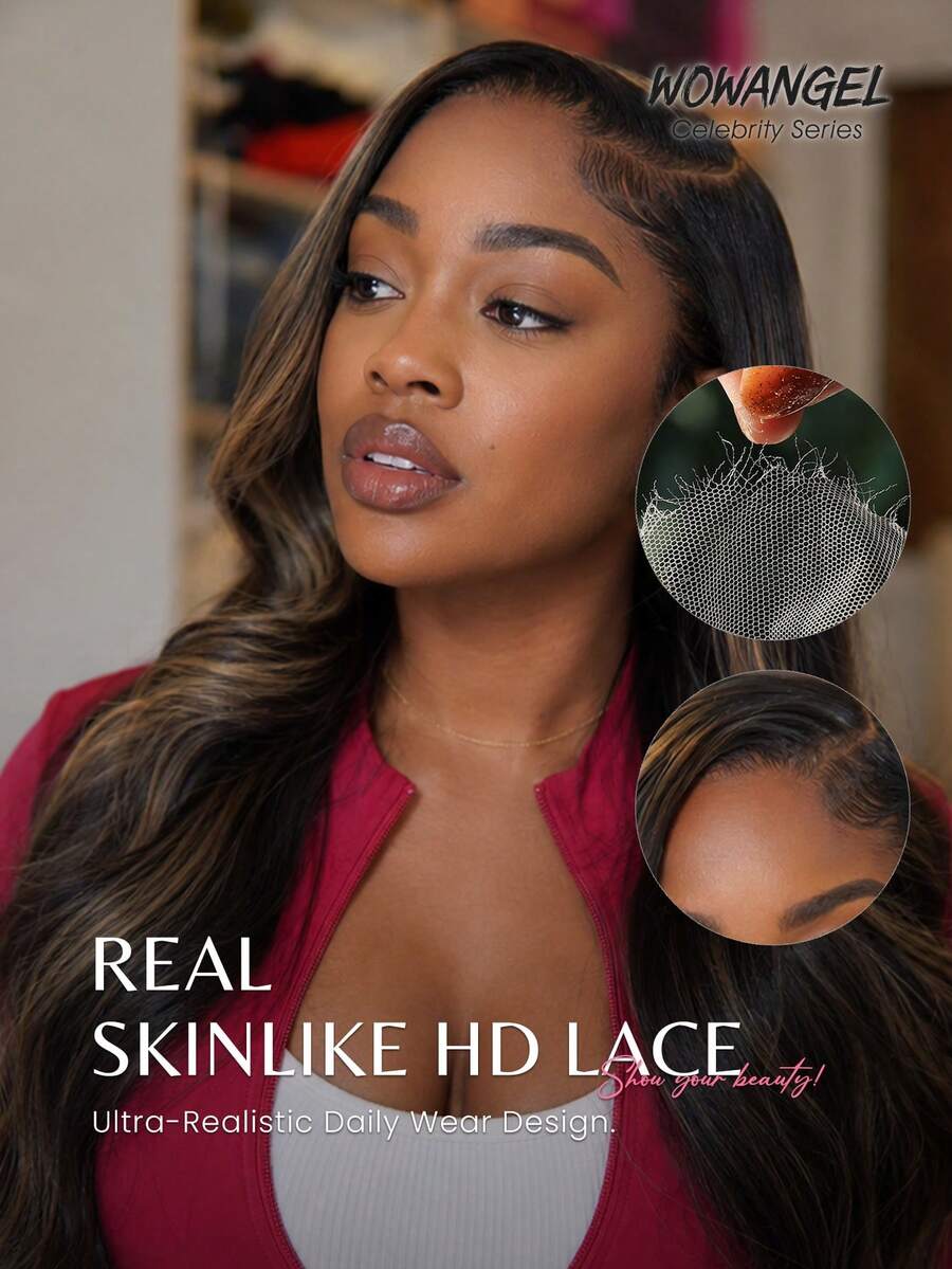 WOWANGEL Tóc giả Frontal Lace HD thật 13x6, tóc người thật sóng body, highlight ombre, nhổ sẵn, màu 1B/27 nâu highlight, mật độ 250, dài 22-26 inch, kiểu balayage cho nữ, dễ dùng cho người mới bắt đầu - S1/27 - Xem 1