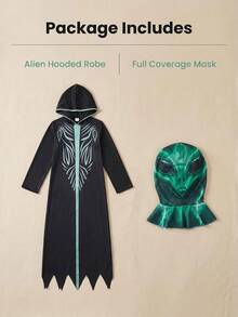 Children's Alien Costume, Hooded Alien Robe With Green Lightning Mask, Scary Alien Outfit For Halloween, Suitable For Boys And Girls, Alien Theme Party Costume, Halloween Candy Party Costume, Children's Carnival Costume - Multicolor - View 7