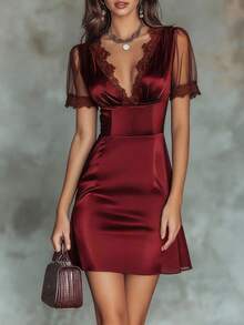 Vestido feminino Vuslat de verão em cetim, elegante, com patchwork de renda, cintura marcada, sexy, decote em V, manga curta, cor bordeaux, adequado para festas elegantes, cerimónias de graduação, convidados de casamento, uso no escritório, passeios de verão, roupas de férias, Dia da Independência - Vermelho - Ver 1