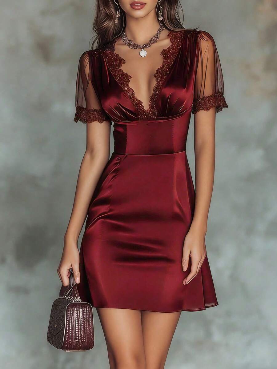Vestido feminino Vuslat de verão em cetim, elegante, com patchwork de renda, cintura marcada, sexy, decote em V, manga curta, cor bordeaux, adequado para festas elegantes, cerimónias de graduação, convidados de casamento, uso no escritório, passeios de verão, roupas de férias, Dia da Independência - Vermelho - Ver 1