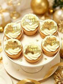 3pcs Gold Mirror Acrylic Happy Anniversary Cake Topper With Heart Background, Elegant Cursive Letter Design, Flat No-Stick Style For Cake Side Decoration, Wedding Anniversary Party Dessert Decor Supplies - A - View 2