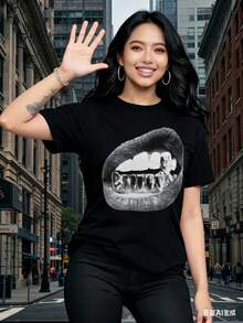 Camisetas de manga corta para mujer, con estampados interesantes, ropa hermosa. Camiseta de cuello redondo con estampado de boca blanca con dientes y rostro, ropa casual para uso diario - alta calidad. - Negro - Ver 1