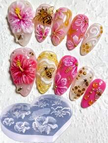 1個 3D花卉美甲雕刻矽膠模具，春夏扶桑花，五瓣花卉圖案美甲矽膠模具，可重複使用美甲凝膠印花模板，DIY美甲沙龍產品，美甲工具 - 無色 - 查看 6
