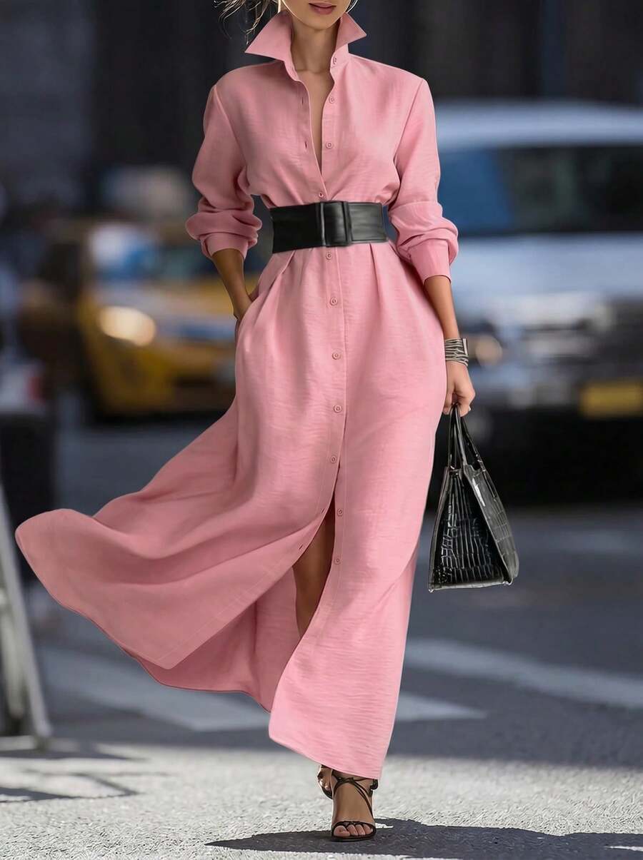 Elegaris (不含腰带)女士优雅纯色连衣裙,翻领单排扣宽松舒适设计,适合通勤、度假、办公等场合,时尚别致的粉色春季连衣裙 - 粉色 - 查看 1