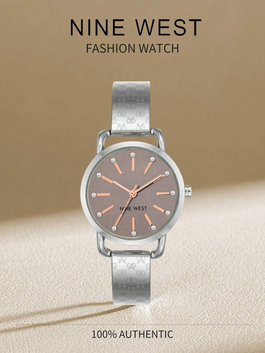 Nine West Women's Stainless Steel Strap Watch With Hidden Logo Pattern, Beige Dial, Rose Gold Accents, Quartz Movement - Silver - View 1