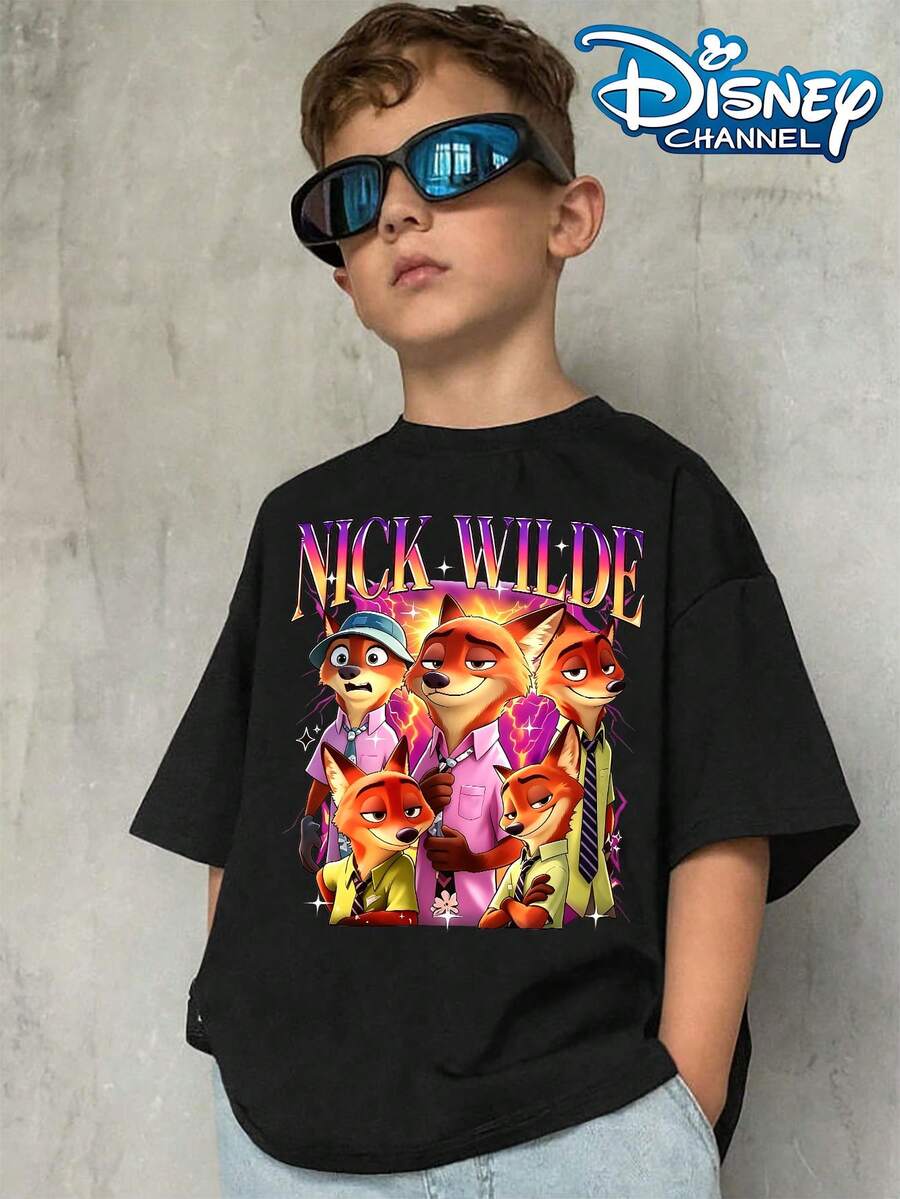Disney Zootopia Nick T-Shirt, Various Styles Of Nick The Fox, Stylish And Casual Everyday Top Pattern Summer Tops,Short-Sleeved Casual And Cute Style  Children's Clothing Design, Girl Clothes For Kids Clothes ,Ropa Para Niños,Teen Girls Clothes, Summer Clothes,Boys Summer Outfits,Boys Clothes,Perfect For Cool Girls. Comfortable And Breathable Children's Short-Sleeved T-Shirt. Comfortable And Casual Wear All Year Children's Clothes,Comfortable & Lightweight, Iconic Print For Mix-And-Match Outfits,Suitable For Both Boys And Girls. - Black - View 1