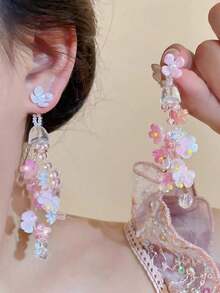 1 Đôi Bông Tai Dài Tassel Ngọc Trai Đính Đá Rhinestone Phong Cách Tối Giản Sang Trọng Cá Nhân Hóa, Kiểu Thượng Lưu - Hồng - Xem 9