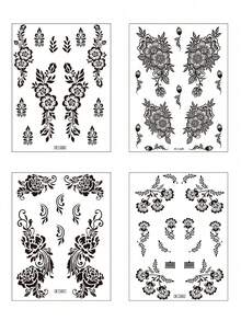 4 piezas Pegatinas de tatuaje temporal impermeable con patrón floral de henna negra, tatuaje de mano mandala, adecuado para maquillaje de mujer, boda, festival, Día de San Valentín, ropa, regalo de fiesta, estilo boceto - Multicolor - Ver 9