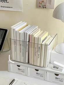 1/2 piezas Estantería transparente para revistas, organizador de correo, estantería de escritorio, estantería transparente para carpetas, soporte para archivos de papel, funda para portátil y libros, soporte organizador de libros de plástico con múltiples compartimentos - Soporte de archivos de escritorio transparente, oficina, hogar, decoración de estantería - Transparente - Ver 4