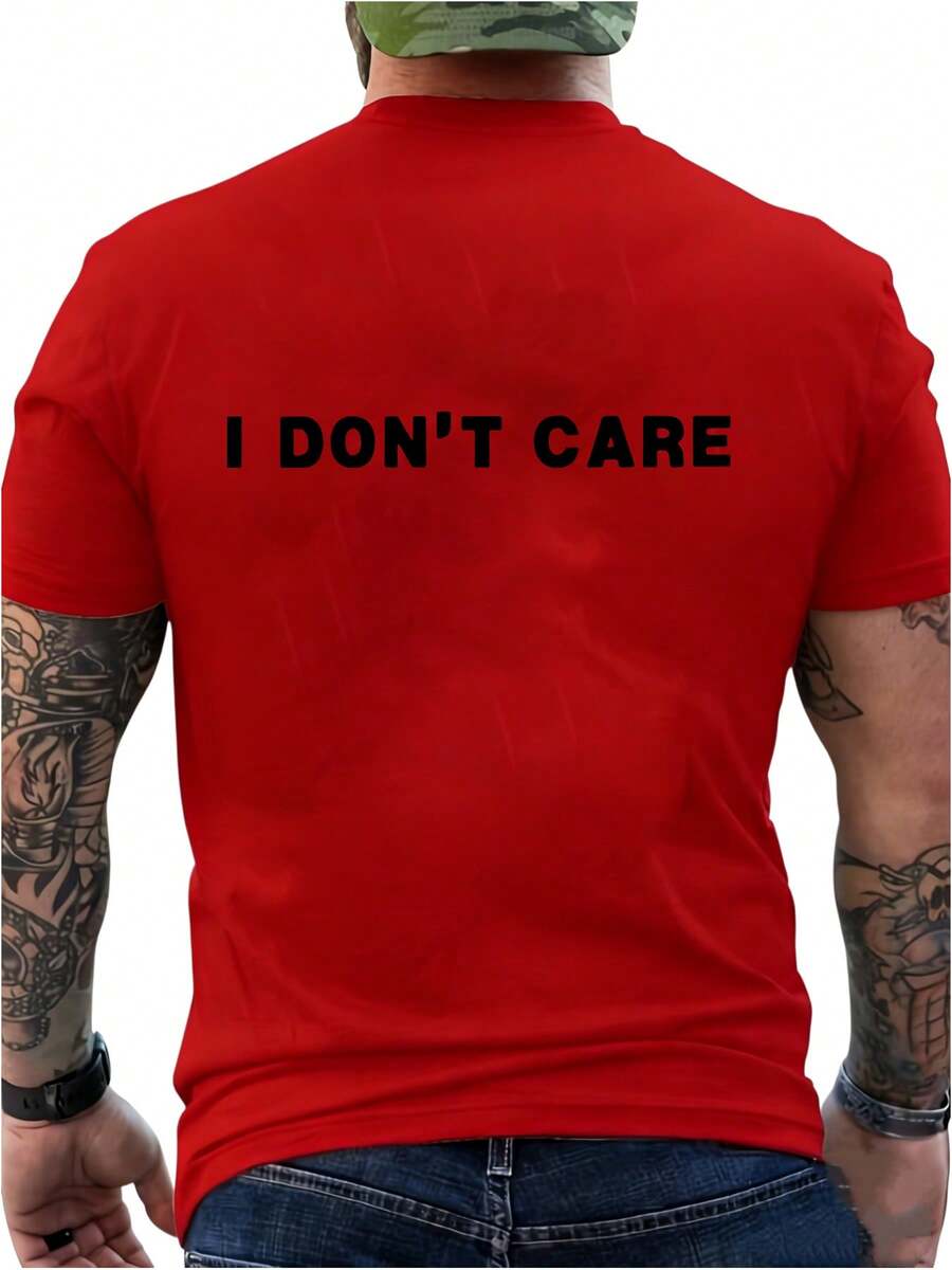 New Casual Printed T-Shirt % Cotton - Men's T-Shirt With I Don'Care Print - Bold And Eye-Catching Vintage Style, With Unique Slogan Print, Breathable And Moisture-Wicking, % Polyester, Crew Neck And Short Sleeves, Suitable For Summer Sports, Style-Hop And Everyday Casual Wear - Unisex. - 紅色 - 查看 1